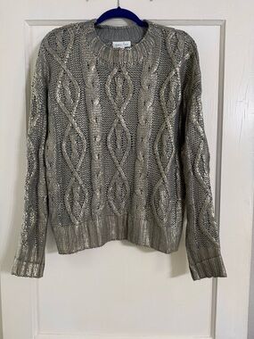 Grace & Lace Silver Metallic Cable Knit Crewneck Sweater